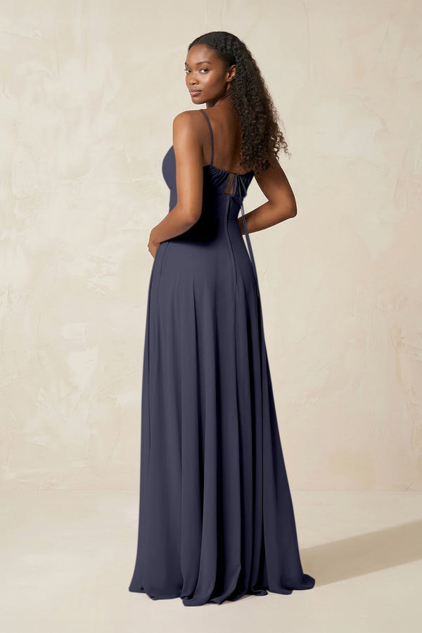 A - Line Ruched Chiffon Spaghetti Strap Bridesmaid Dress in Dusk Blue - SHE IS ME Bridesmaid Dresses