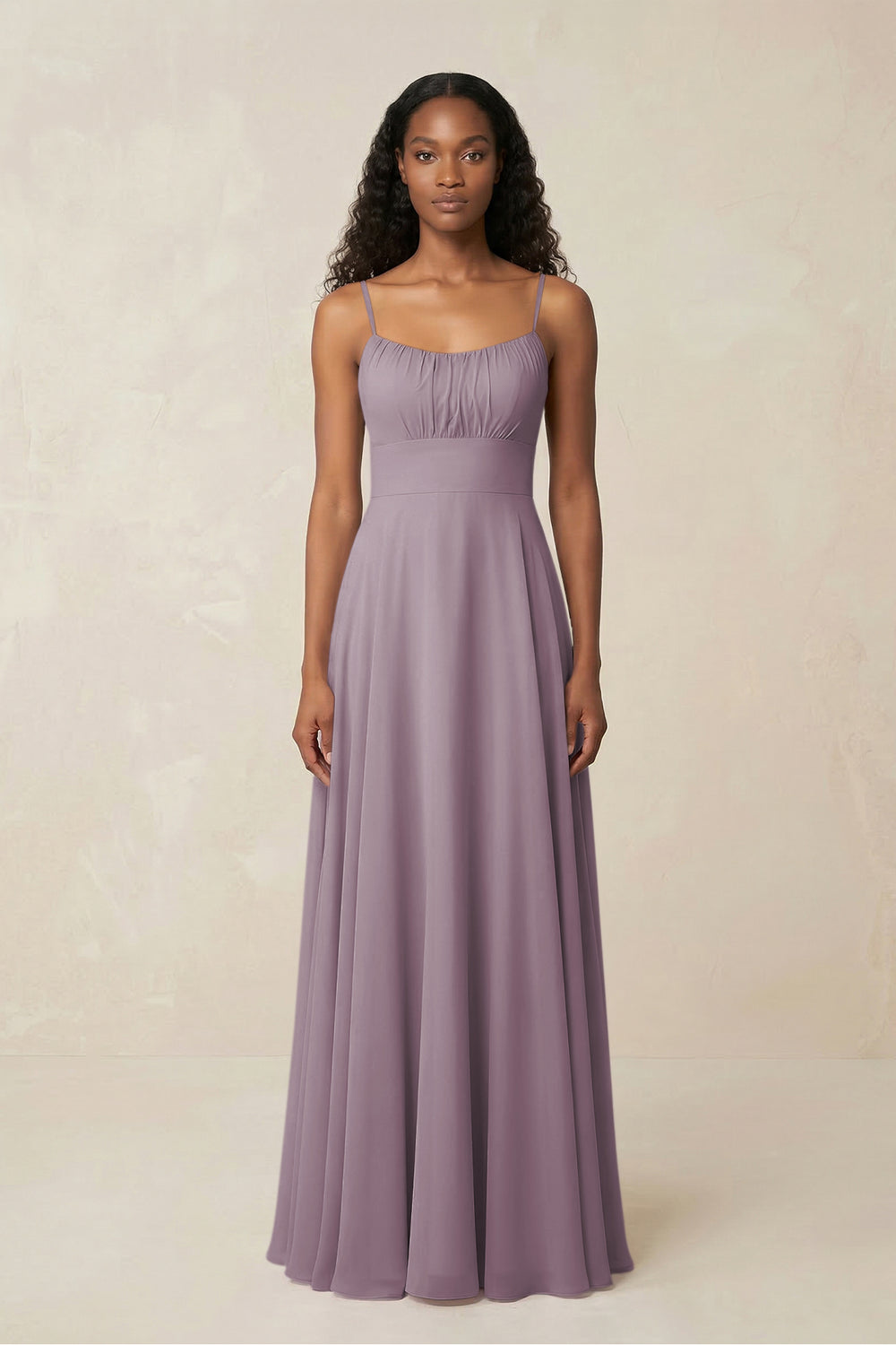 A-Line Ruched Chiffon Spaghetti Strap Bridesmaid Dress in Dusk