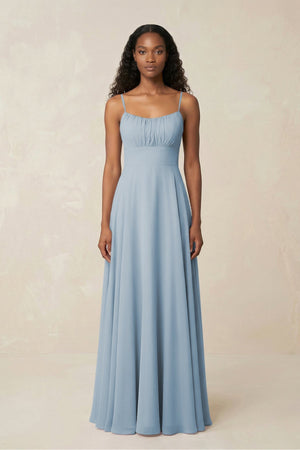 A - Line Ruched Chiffon Spaghetti Strap Bridesmaid Dress in Dusty Blue - SHE IS ME Bridesmaid Dresses