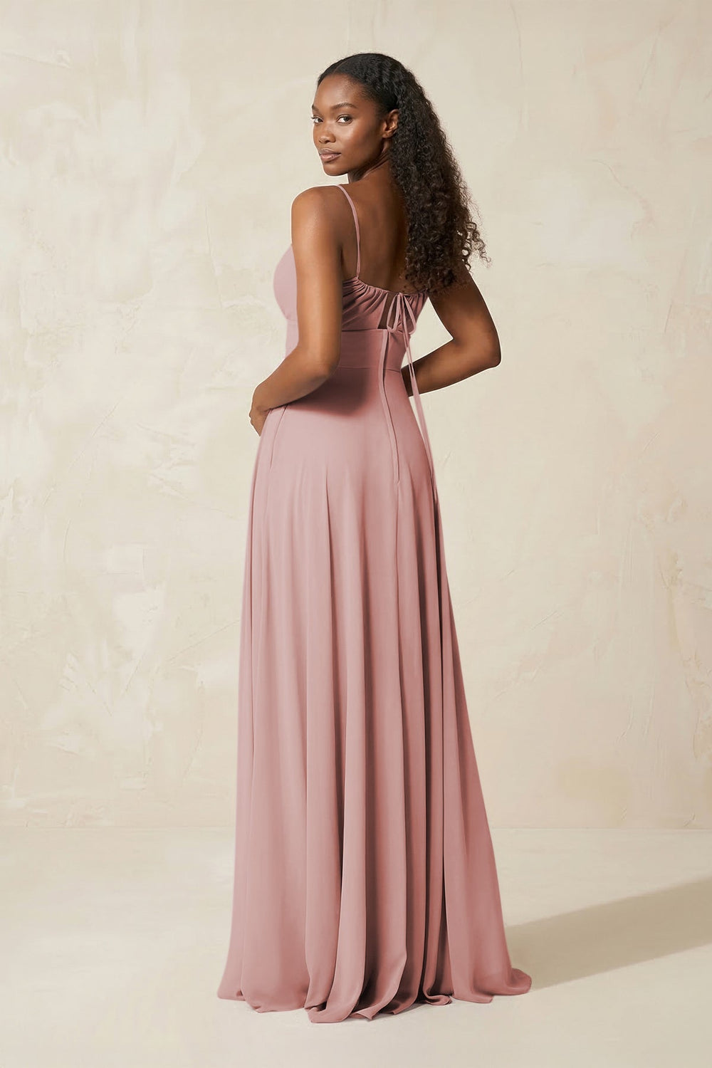 A - Line Ruched Chiffon Spaghetti Strap Bridesmaid Dress in Dusty Rose - KISS BRIDAL Bridesmaid Dresses