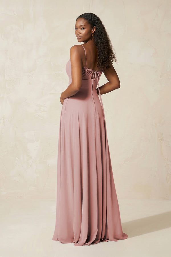 A - Line Ruched Chiffon Spaghetti Strap Bridesmaid Dress in Dusty Rose - SHE IS ME Bridesmaid Dresses