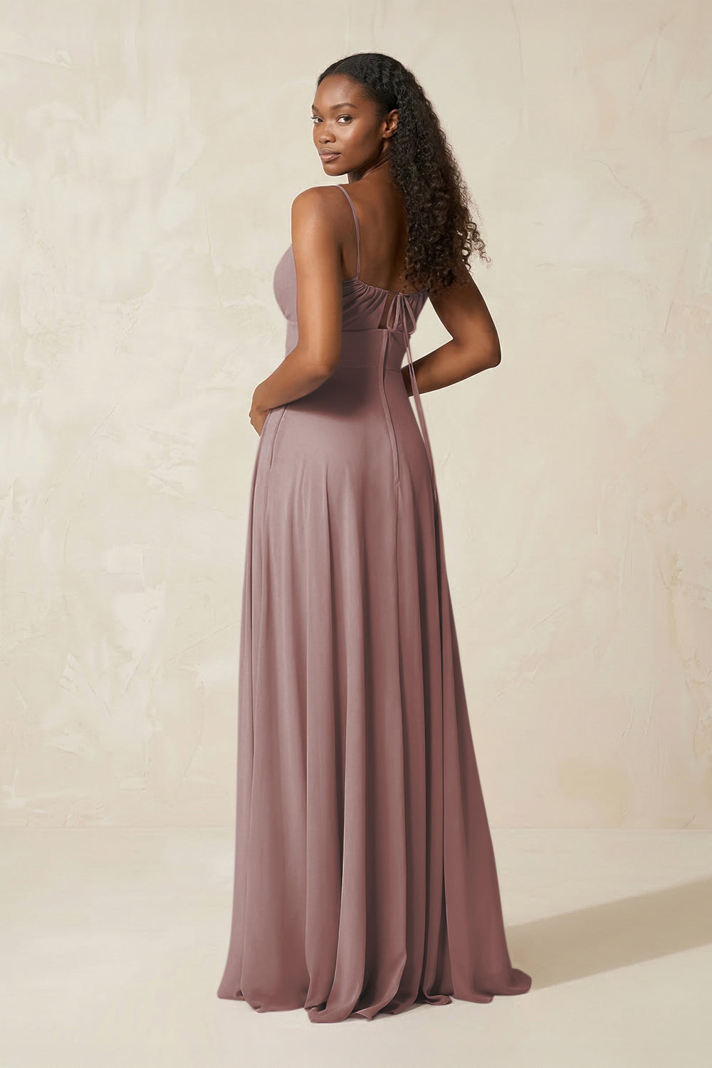 A-Line Ruched Chiffon Spaghetti Strap Bridesmaid Dress in Dusty Rose