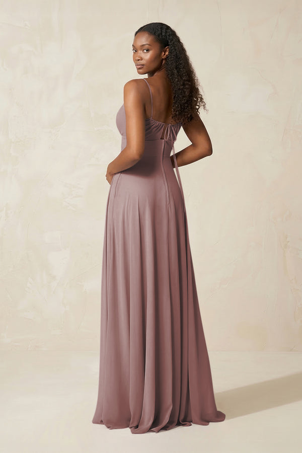 A-Line Ruched Chiffon Spaghetti Strap Bridesmaid Dress in Dusty Rose (2) | KISSBRIDAL