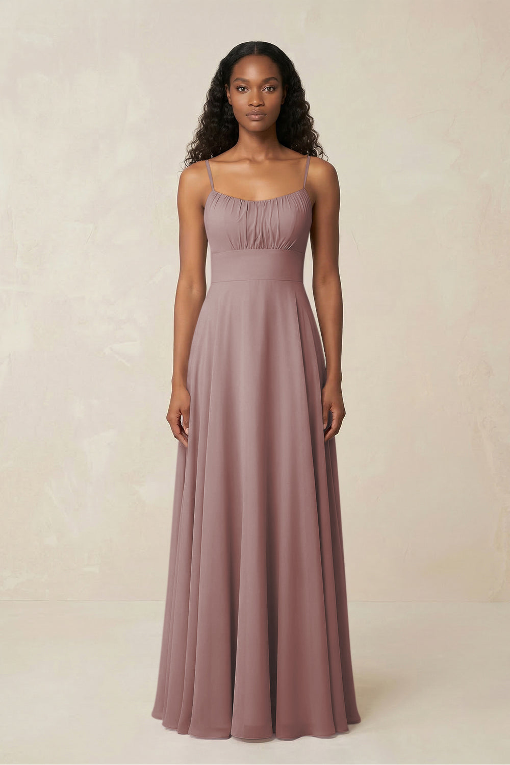 A-Line Ruched Chiffon Spaghetti Strap Bridesmaid Dress in Dusty Rose