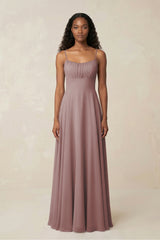 A-Line Ruched Chiffon Spaghetti Strap Bridesmaid Dress in Dusty Rose | KISSBRIDAL