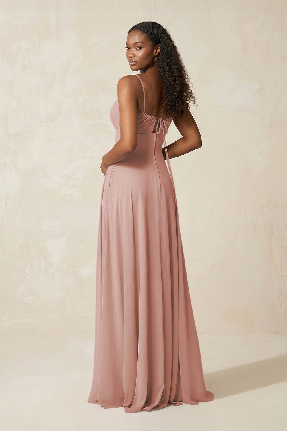 A-Line Ruched Chiffon Spaghetti Strap Bridesmaid Dress in English Rose