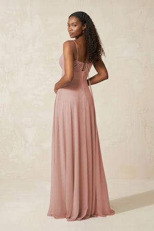 A-Line Ruched Chiffon Spaghetti Strap Bridesmaid Dress in English Rose (2) | KISSBRIDAL