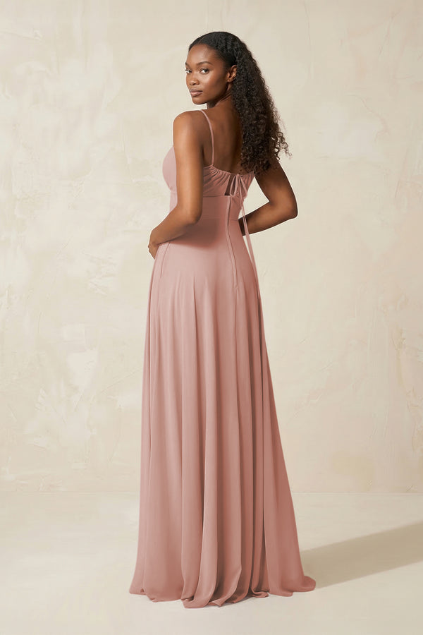 A-Line Ruched Chiffon Spaghetti Strap Bridesmaid Dress in English Rose (2) | KISSBRIDAL