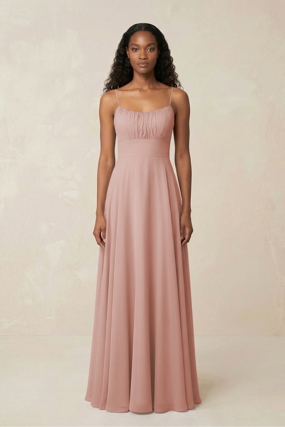 A-Line Ruched Chiffon Spaghetti Strap Bridesmaid Dress in English Rose