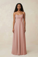 A-Line Ruched Chiffon Spaghetti Strap Bridesmaid Dress in English Rose | KISSBRIDAL