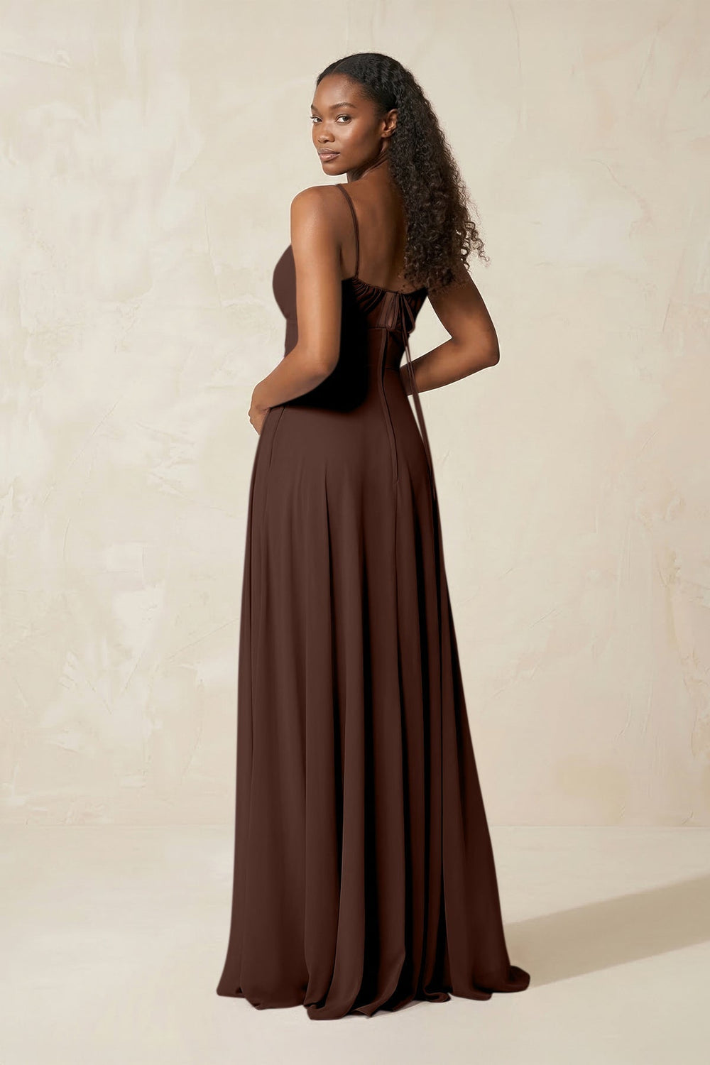 A - Line Ruched Chiffon Spaghetti Strap Bridesmaid Dress in Espresso - KISS BRIDAL Bridesmaid Dresses