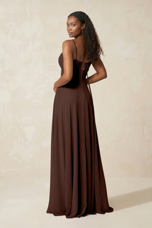 A - Line Ruched Chiffon Spaghetti Strap Bridesmaid Dress in Espresso - SHE IS ME Bridesmaid Dresses
