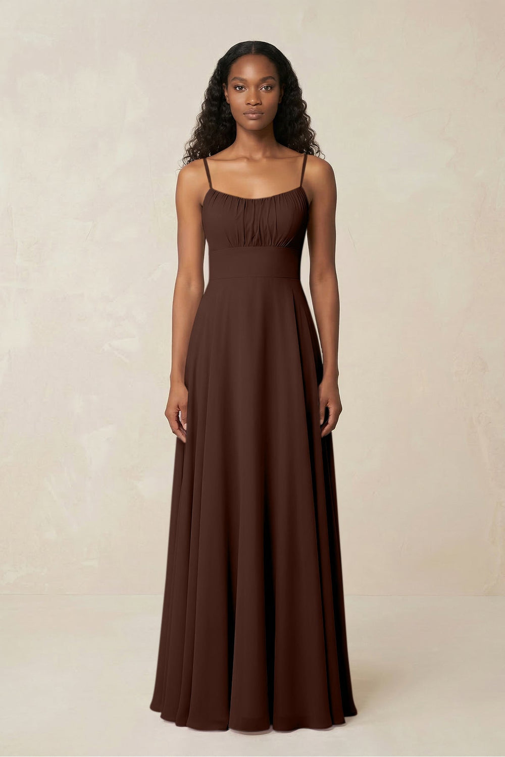 A - Line Ruched Chiffon Spaghetti Strap Bridesmaid Dress in Espresso - KISS BRIDAL Bridesmaid Dresses