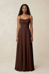 A - Line Ruched Chiffon Spaghetti Strap Bridesmaid Dress in Espresso - KISS BRIDAL Bridesmaid Dresses