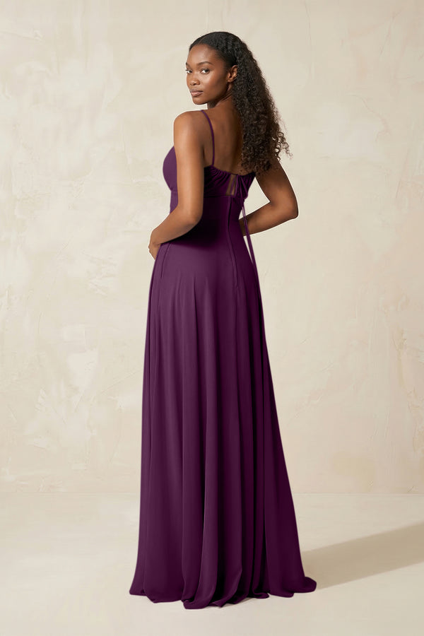 A-Line Ruched Chiffon Spaghetti Strap Bridesmaid Dress in Fig (2) | KISSBRIDAL