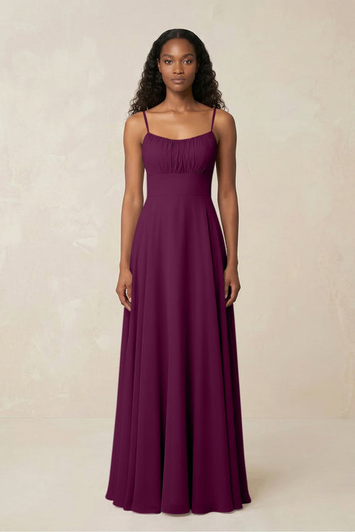 A - Line Ruched Chiffon Spaghetti Strap Bridesmaid Dress in Fig - SHE IS ME Bridesmaid Dresses