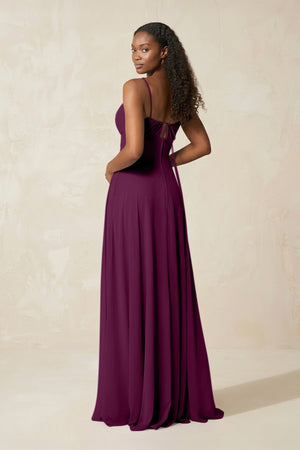 A - Line Ruched Chiffon Spaghetti Strap Bridesmaid Dress in Fig - SHE IS ME Bridesmaid Dresses