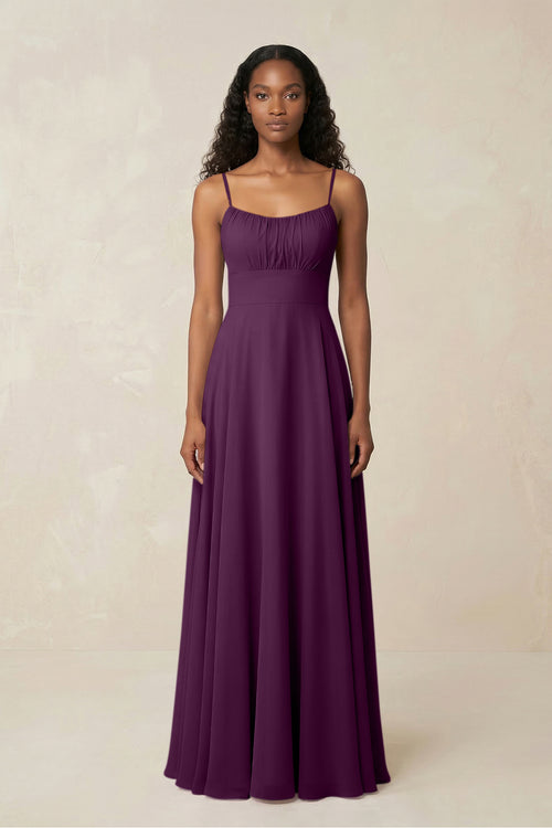 A-Line Ruched Chiffon Spaghetti Strap Bridesmaid Dress in Fig | KISSBRIDAL