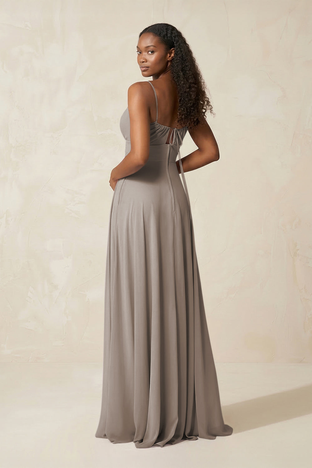 A-Line Ruched Chiffon Spaghetti Strap Bridesmaid Dress in Frost