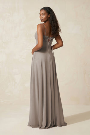A-Line Ruched Chiffon Spaghetti Strap Bridesmaid Dress in Frost (2) | KISSBRIDAL