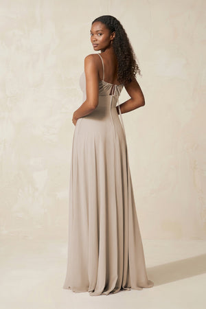 A - Line Ruched Chiffon Spaghetti Strap Bridesmaid Dress in Frost - SHE IS ME Bridesmaid Dresses