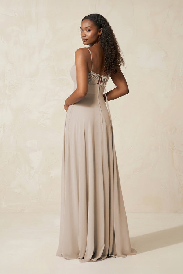 A - Line Ruched Chiffon Spaghetti Strap Bridesmaid Dress in Frost - SHE IS ME Bridesmaid Dresses