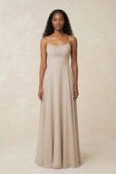 A - Line Ruched Chiffon Spaghetti Strap Bridesmaid Dress in Frost - SHE IS ME Bridesmaid Dresses