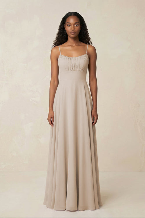 A - Line Ruched Chiffon Spaghetti Strap Bridesmaid Dress in Frost - SHE IS ME Bridesmaid Dresses