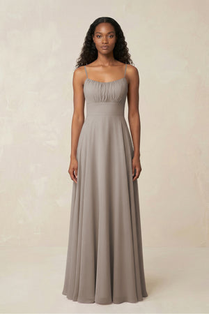 A-Line Ruched Chiffon Spaghetti Strap Bridesmaid Dress in Frost | KISSBRIDAL