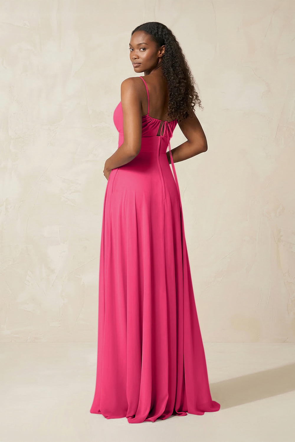 A-Line Ruched Chiffon Spaghetti Strap Bridesmaid Dress in Fuchsia