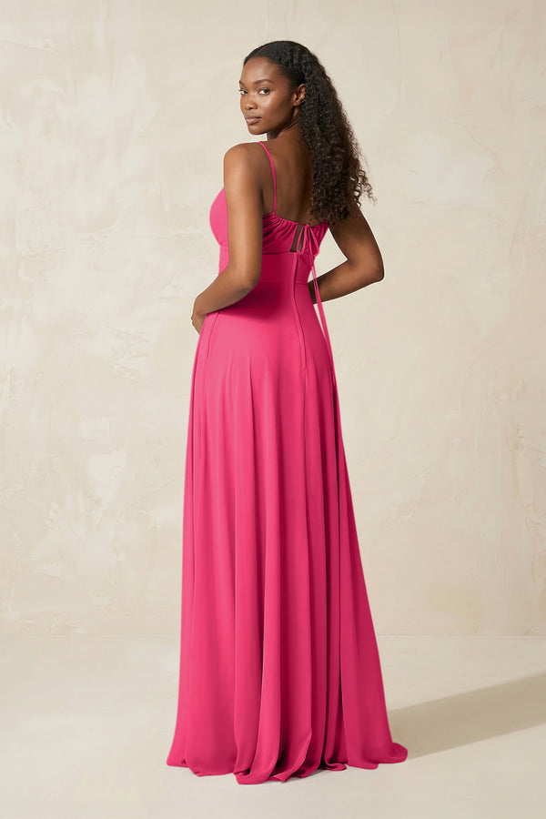 A-Line Ruched Chiffon Spaghetti Strap Bridesmaid Dress in Fuchsia (2) | KISSBRIDAL