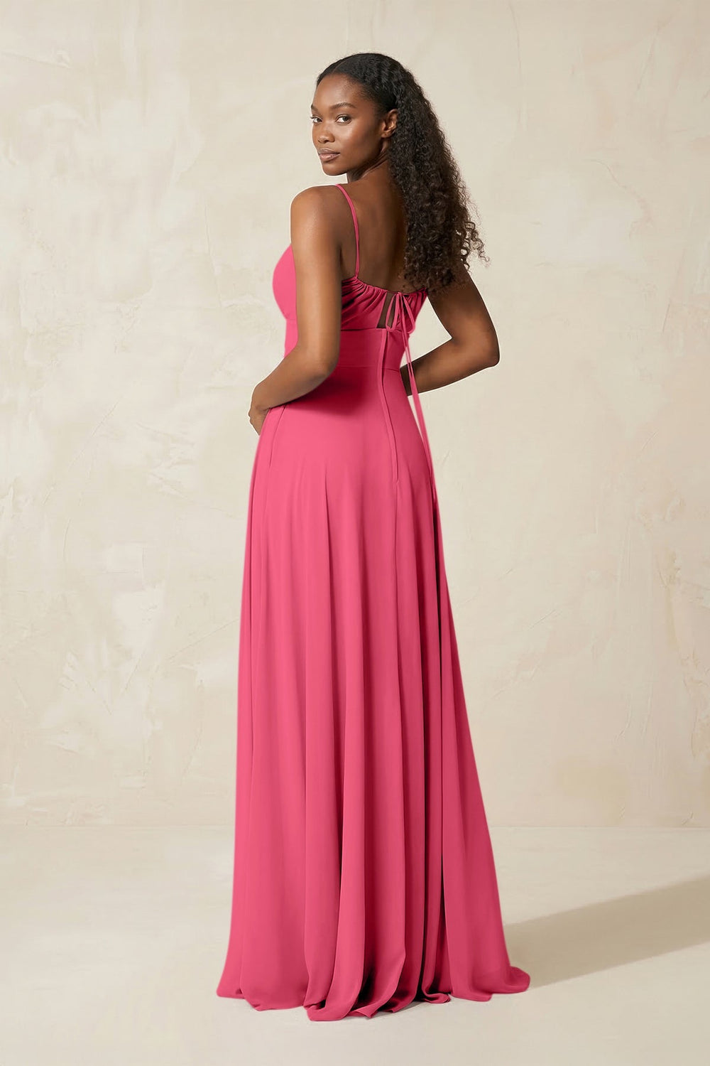 A - Line Ruched Chiffon Spaghetti Strap Bridesmaid Dress in Fuchsia - KISS BRIDAL Bridesmaid Dresses