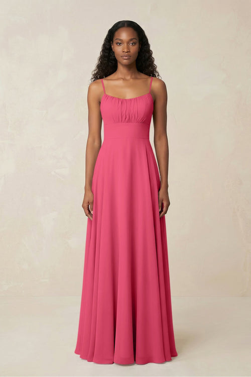 A - Line Ruched Chiffon Spaghetti Strap Bridesmaid Dress in Fuchsia - SHE IS ME Bridesmaid Dresses