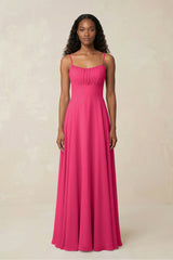 A-Line Ruched Chiffon Spaghetti Strap Bridesmaid Dress in Fuchsia | KISSBRIDAL