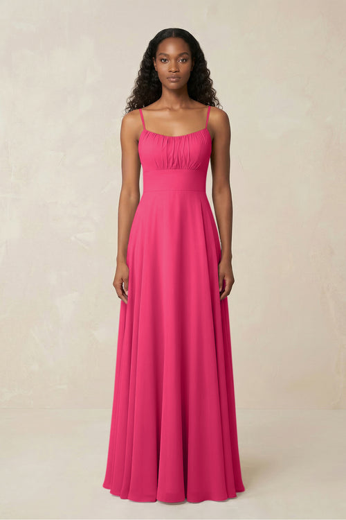 A-Line Ruched Chiffon Spaghetti Strap Bridesmaid Dress in Fuchsia | KISSBRIDAL