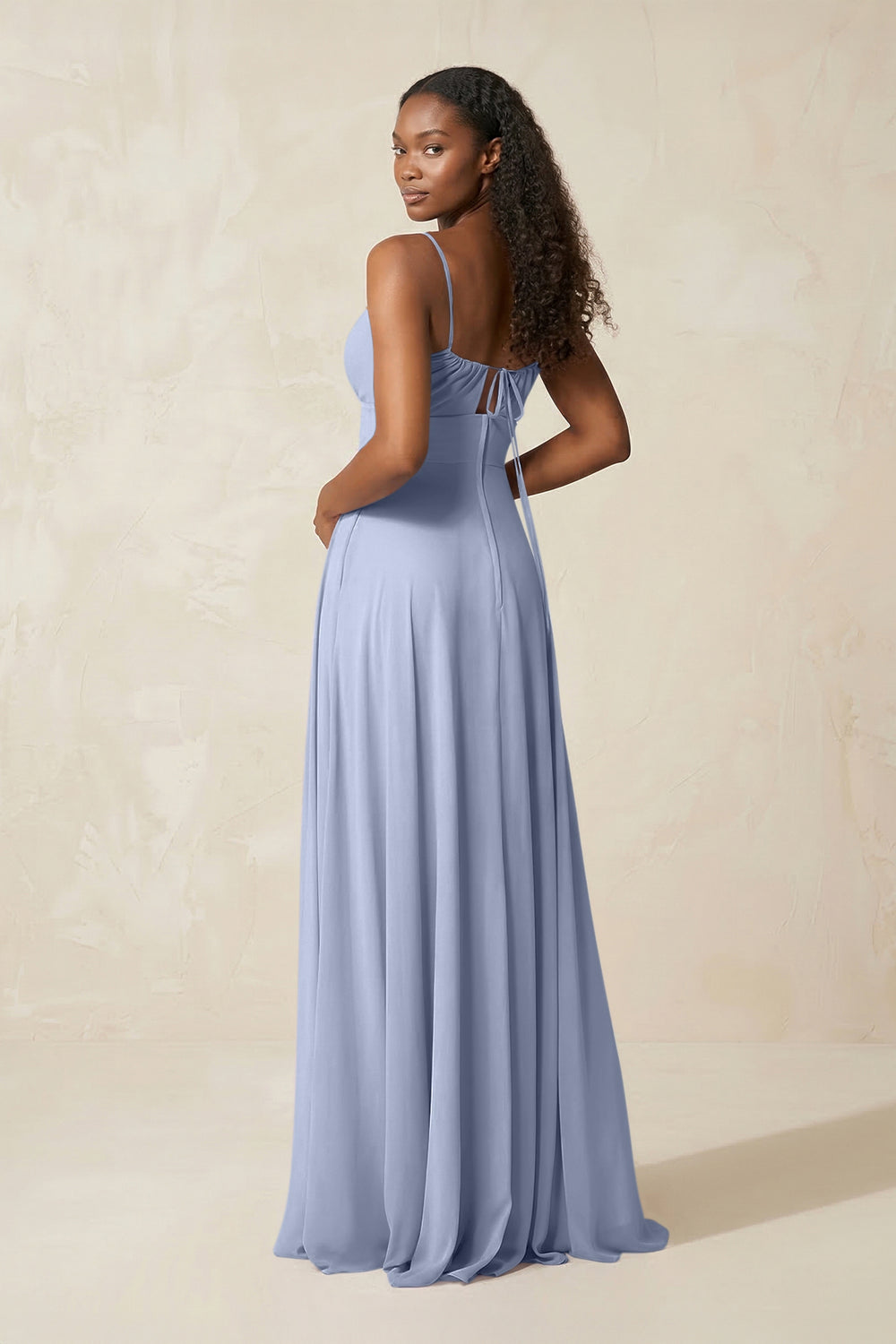 A-Line Ruched Chiffon Spaghetti Strap Bridesmaid Dress in Ice
