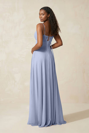 A-Line Ruched Chiffon Spaghetti Strap Bridesmaid Dress in Ice (2) | KISSBRIDAL