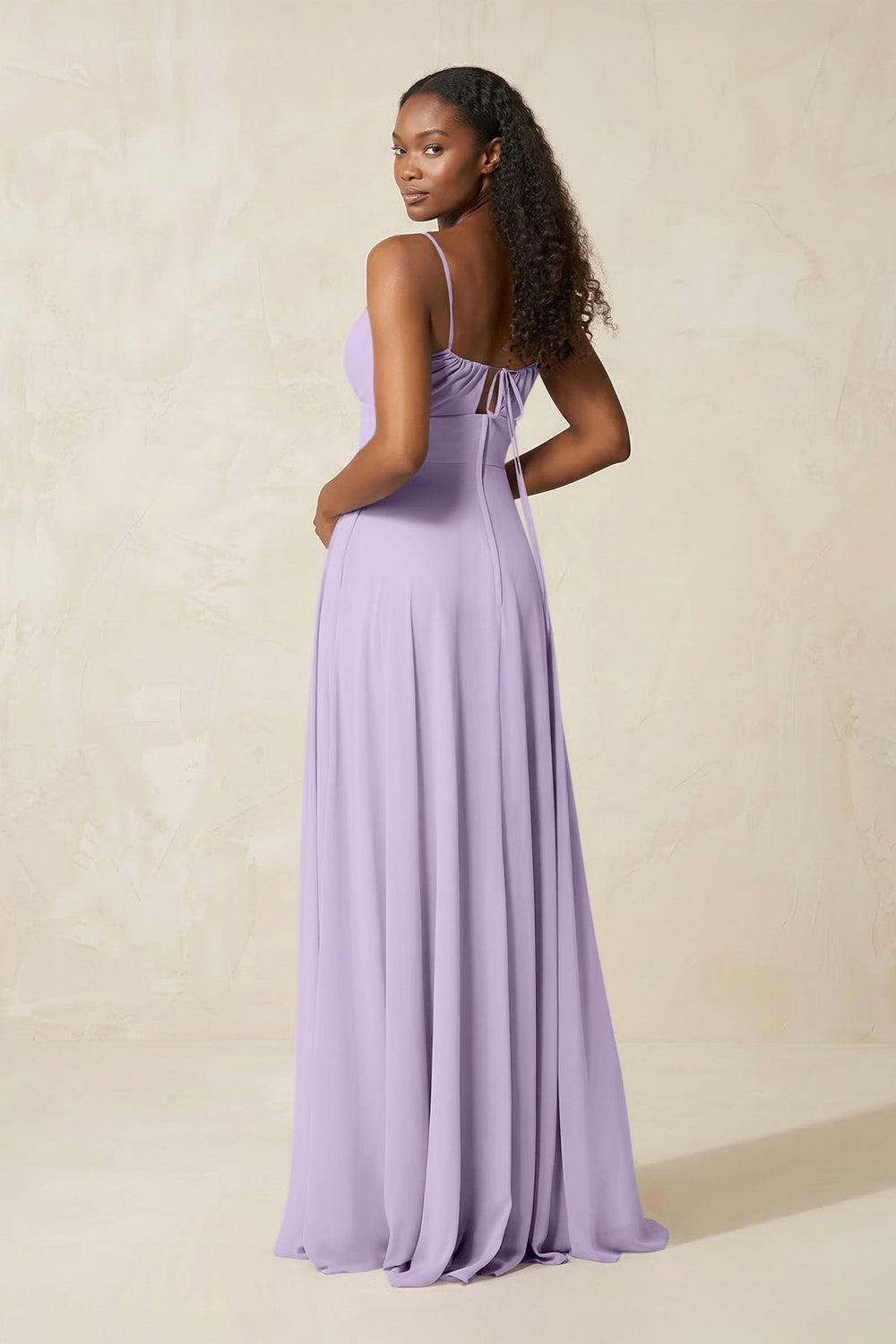 A - Line Ruched Chiffon Spaghetti Strap Bridesmaid Dress in Lavender - KISS BRIDAL Bridesmaid Dresses