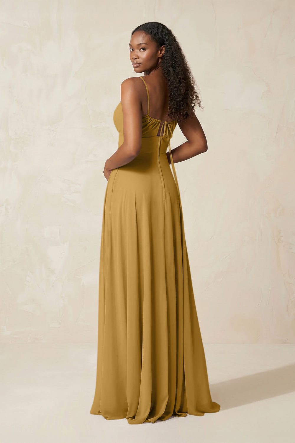 A-Line Ruched Chiffon Spaghetti Strap Bridesmaid Dress in Marigold