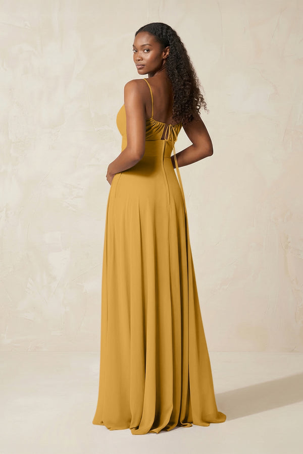 A - Line Ruched Chiffon Spaghetti Strap Bridesmaid Dress in Marigold - SHE IS ME Bridesmaid Dresses