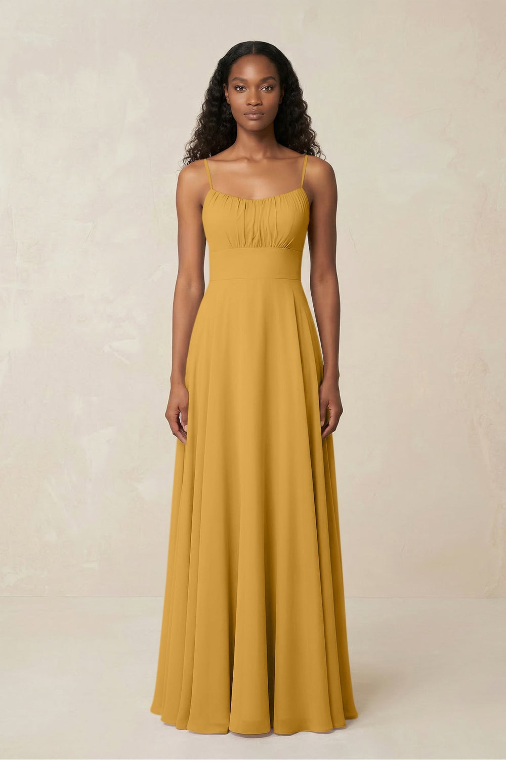A - Line Ruched Chiffon Spaghetti Strap Bridesmaid Dress in Marigold - KISS BRIDAL Bridesmaid Dresses