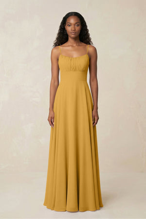 A - Line Ruched Chiffon Spaghetti Strap Bridesmaid Dress in Marigold - SHE IS ME Bridesmaid Dresses