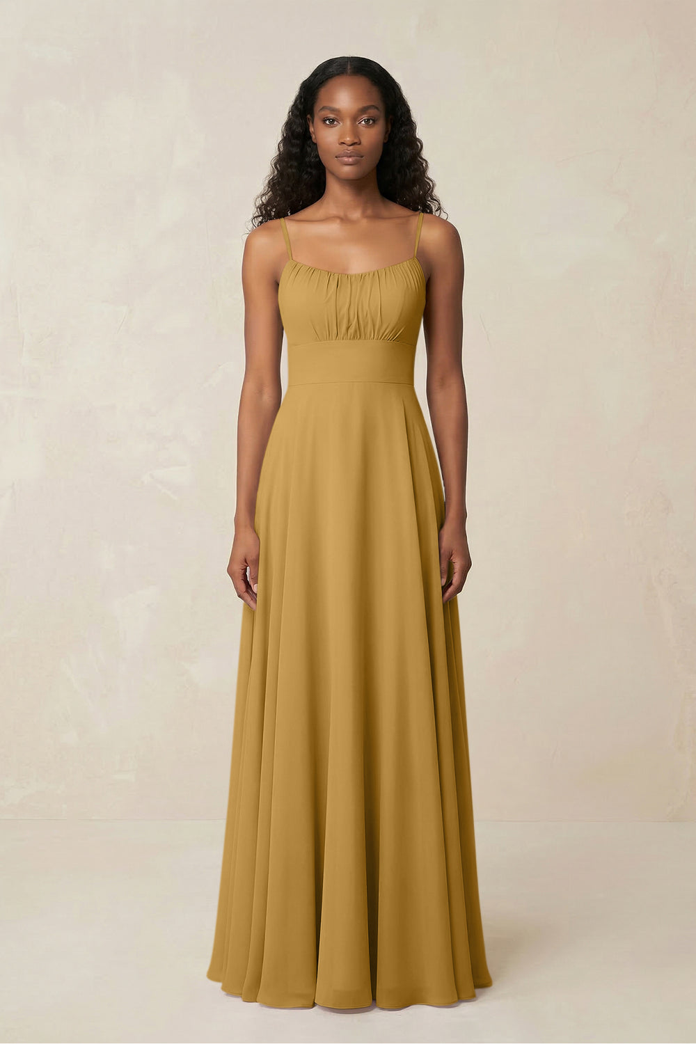 A-Line Ruched Chiffon Spaghetti Strap Bridesmaid Dress in Marigold