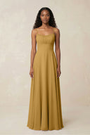A-Line Ruched Chiffon Spaghetti Strap Bridesmaid Dress in Marigold | KISSBRIDAL