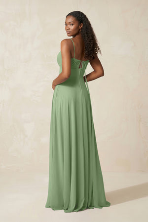 A-Line Ruched Chiffon Spaghetti Strap Bridesmaid Dress in Matcha (2) | KISSBRIDAL