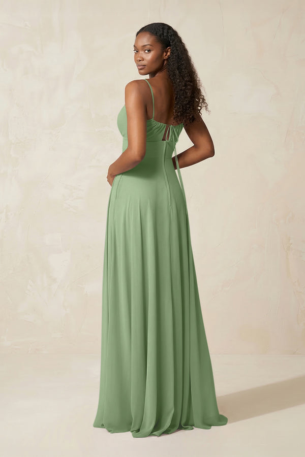 A-Line Ruched Chiffon Spaghetti Strap Bridesmaid Dress in Matcha (2) | KISSBRIDAL