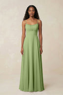 A - Line Ruched Chiffon Spaghetti Strap Bridesmaid Dress in Matcha - SHE IS ME Bridesmaid Dresses