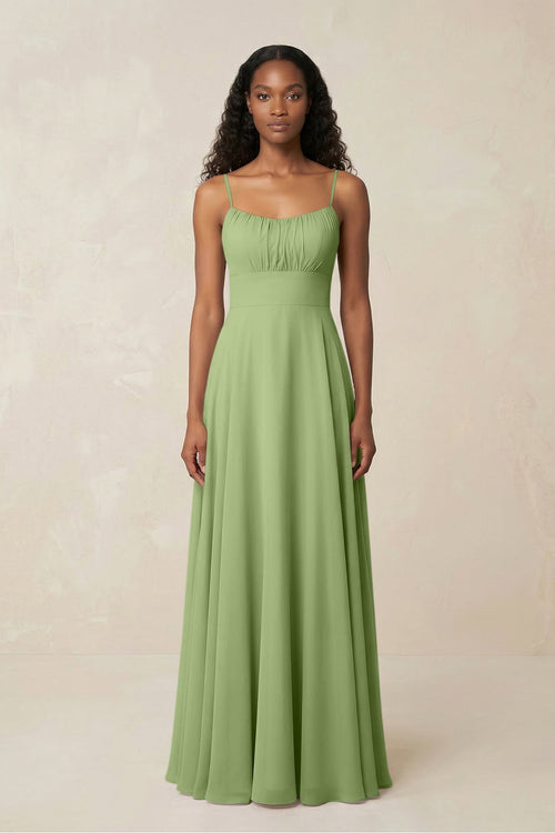 A - Line Ruched Chiffon Spaghetti Strap Bridesmaid Dress in Matcha - SHE IS ME Bridesmaid Dresses