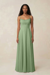 A-Line Ruched Chiffon Spaghetti Strap Bridesmaid Dress in Matcha | KISSBRIDAL
