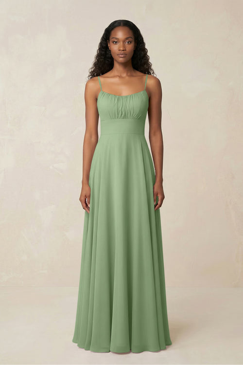 A-Line Ruched Chiffon Spaghetti Strap Bridesmaid Dress in Matcha | KISSBRIDAL